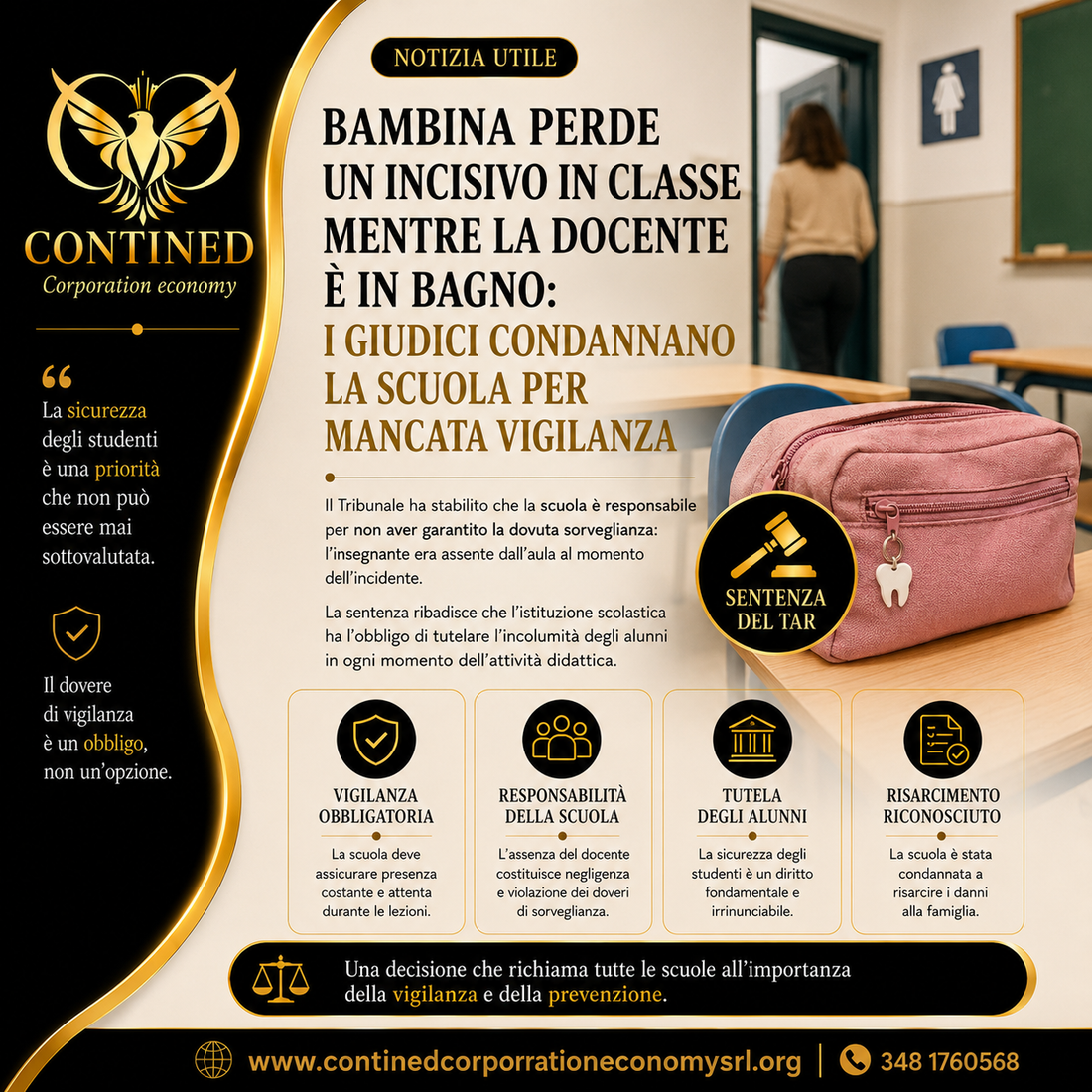 Bambina perde un incisivo a scuola: la Corte conferma la responsabilità dell’istituto per mancata vigilanza