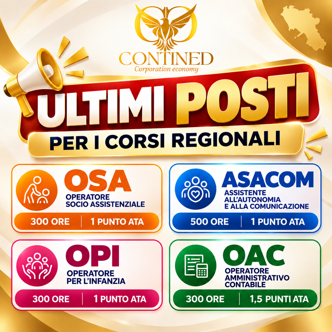 CONTINED Corporation Economy: ultimi posti disponibili per i corsi regionali OSA 300 ore, OPI Operatore per l’Infanzia 300 ore, ASACOM 500 ore e OAC 300 ore.