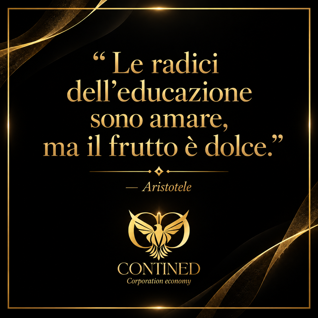 Frase di Aristotele sull’educazione con logo CONTINED Corporation Economy, società di formazione, università e certificazioni.