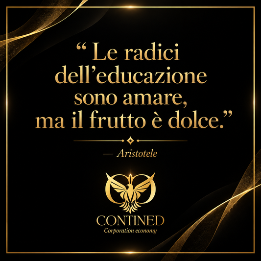 Frase di Aristotele sull’educazione con logo CONTINED Corporation Economy, società di formazione, università e certificazioni.