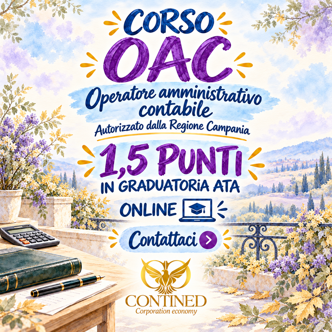 Grafica Contined del corso OAC online, Operatore amministrativo contabile, con indicazione di 1,5 punti ATA, paesaggio floreale e strumenti da ufficio.