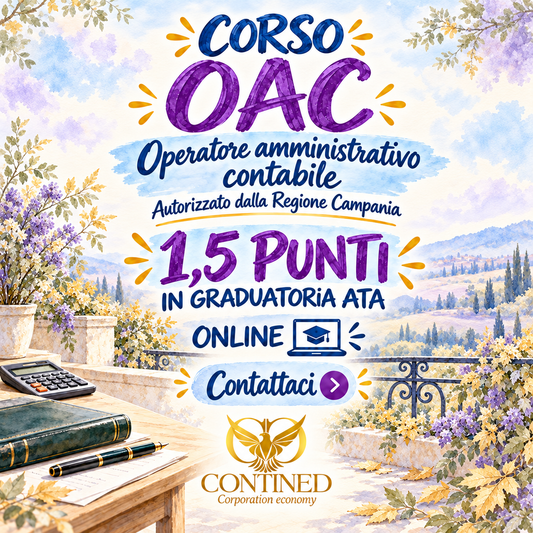Grafica Contined del corso OAC online, Operatore amministrativo contabile, con indicazione di 1,5 punti ATA, paesaggio floreale e strumenti da ufficio.