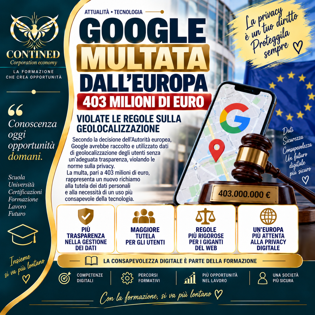 Google multata per 403 milioni di euro per il trattamento dei dati di geolocalizzazione – privacy GDPR e formazione digitale Contined Corporation Economy