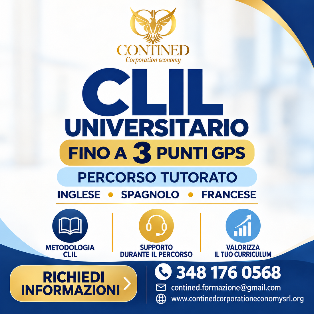 Grafica Contined dedicata al CLIL universitario in inglese, spagnolo e francese, percorso tutorato fino a 3 punti nelle graduatorie GPS.