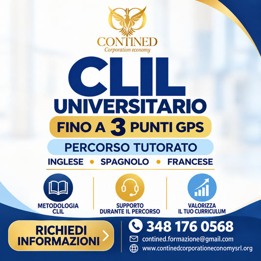 Grafica Contined dedicata al CLIL universitario in inglese, spagnolo e francese, percorso tutorato fino a 3 punti nelle graduatorie GPS.