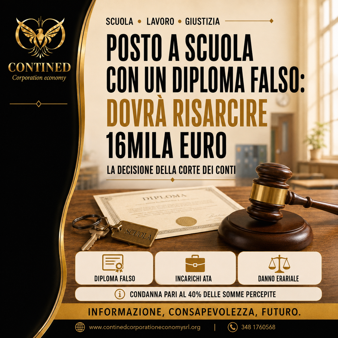 Diploma falso per lavorare a scuola: collaboratore scolastico condannato a risarcire 16\.676 euro