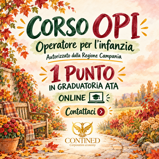 Grafica autunnale Contined del corso OPI – Operatore per l’infanzia, con indicazioni su autorizzazione Regione Campania, formazione online e 1 punto ATA.