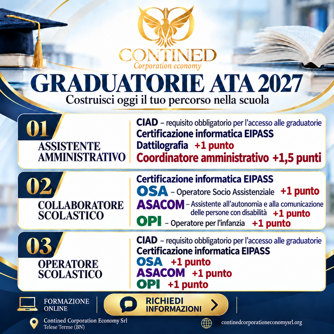 Grafica Contined dedicata alle Graduatorie ATA 2027 con corsi CIAD, EIPASS, Dattilografia, Coordinatore amministrativo, OSA, ASACOM e OPI.